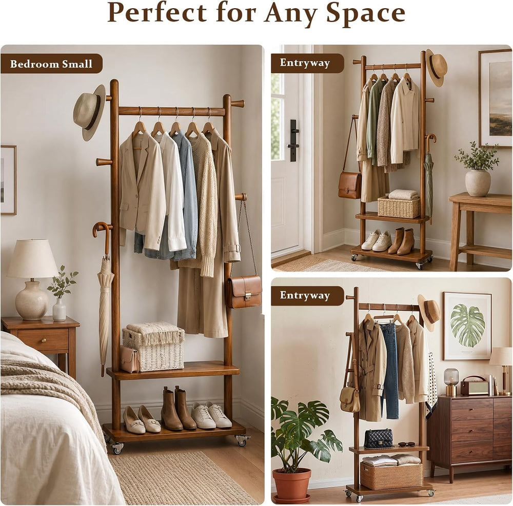 Taitiy Coat Rack Freestanding Solid Wood Clothes Rack with Wheels