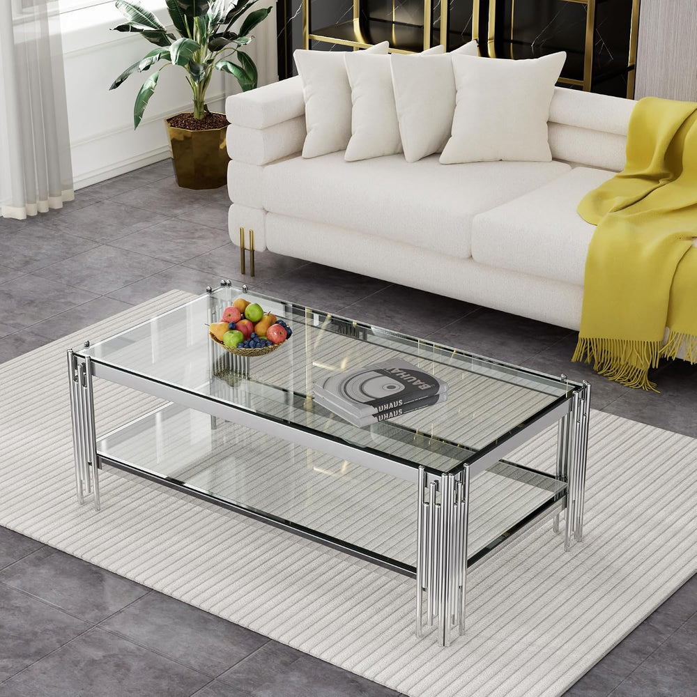 Henf 3-Piece Glass Living Room Table Set, 2-Tier Glass Coffee Table & 2 E...