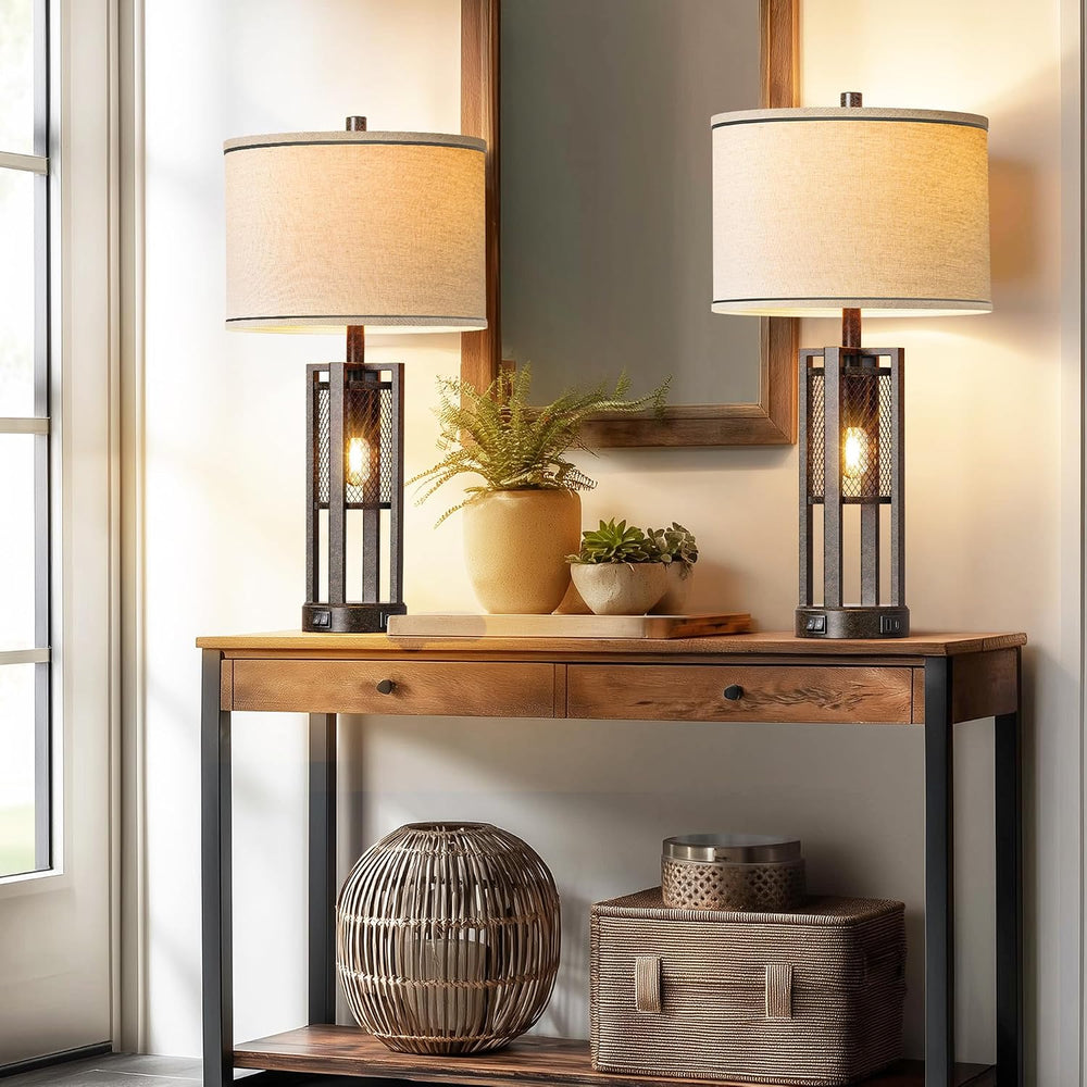 28'' Farmhouse Industrial Table Lamp Set of 2 - Rustic Bedside Nights...