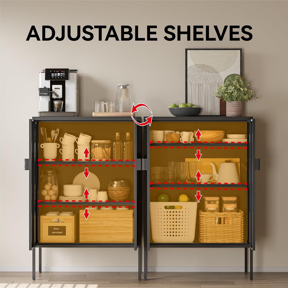 COFaR Black Metal Cabinet with Adjustable Shelves, 47”H Industrial Buffet Sid...