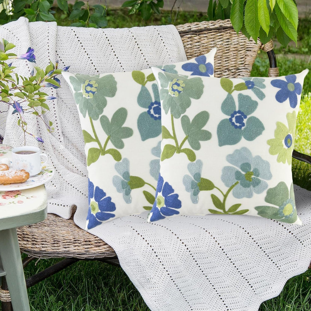 IcosaMro Pack of 2 Embroidered Floral Decorative Throw Pillow Covers 18x18 In...