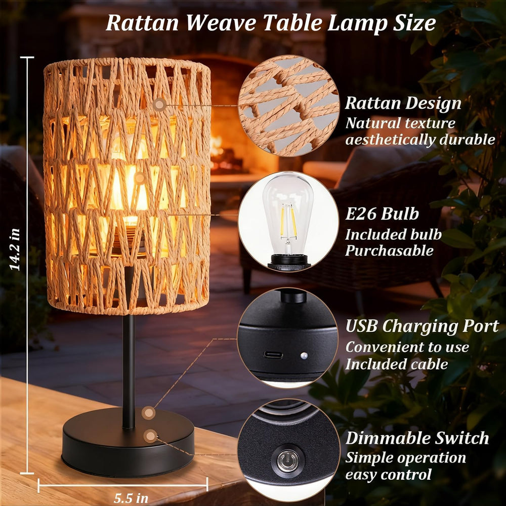 Rechargeable Outdoor Table Lamps, Rattan Boho Cordless Battery Operated Table...