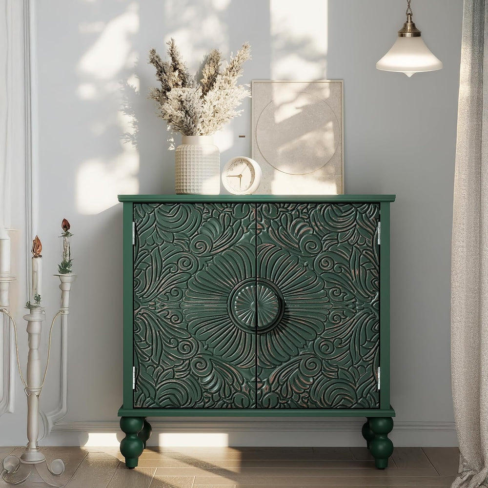 Solid Wood Buffet Cabinet, Accent Cabinet, 2 Carved Doors, Green
