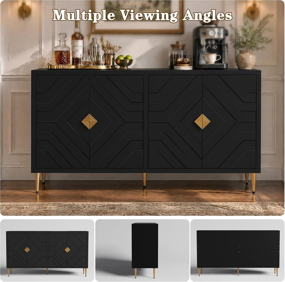 HLR 58'' Modern Sideboard Buffet Storage Cabinet with 4 Doors, Black
