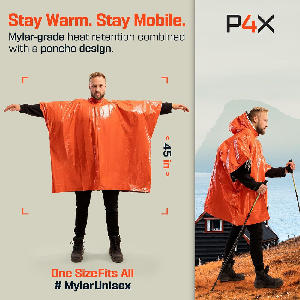 PREPARED4X Emergency Mylar Poncho – Survival Rain Poncho with Hood – Lightwei...