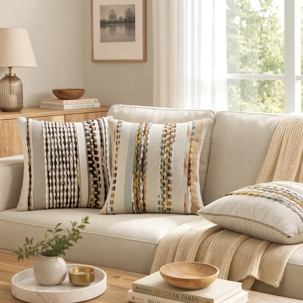 ANRODUO Boho Decorative Pillow Covers Dark Brown Stripe 20x20 Pack of 2