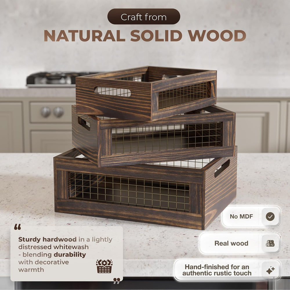 Set of 3 Large Wooden Nesting Countertop Basket for Display
