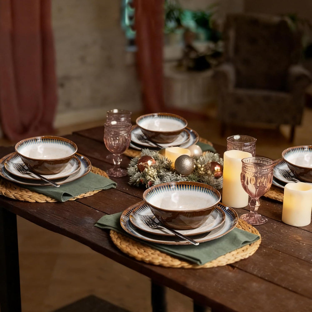 12 Piece Melamine Dinnerware Set, Unbreakable Plate and Bowls Set for 4