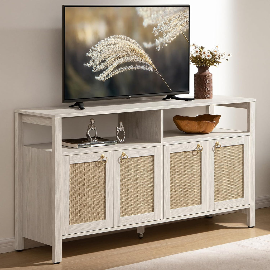 SICOTAS White Rattan TV Stand Entertainment Center Cabinet with 4 Doors