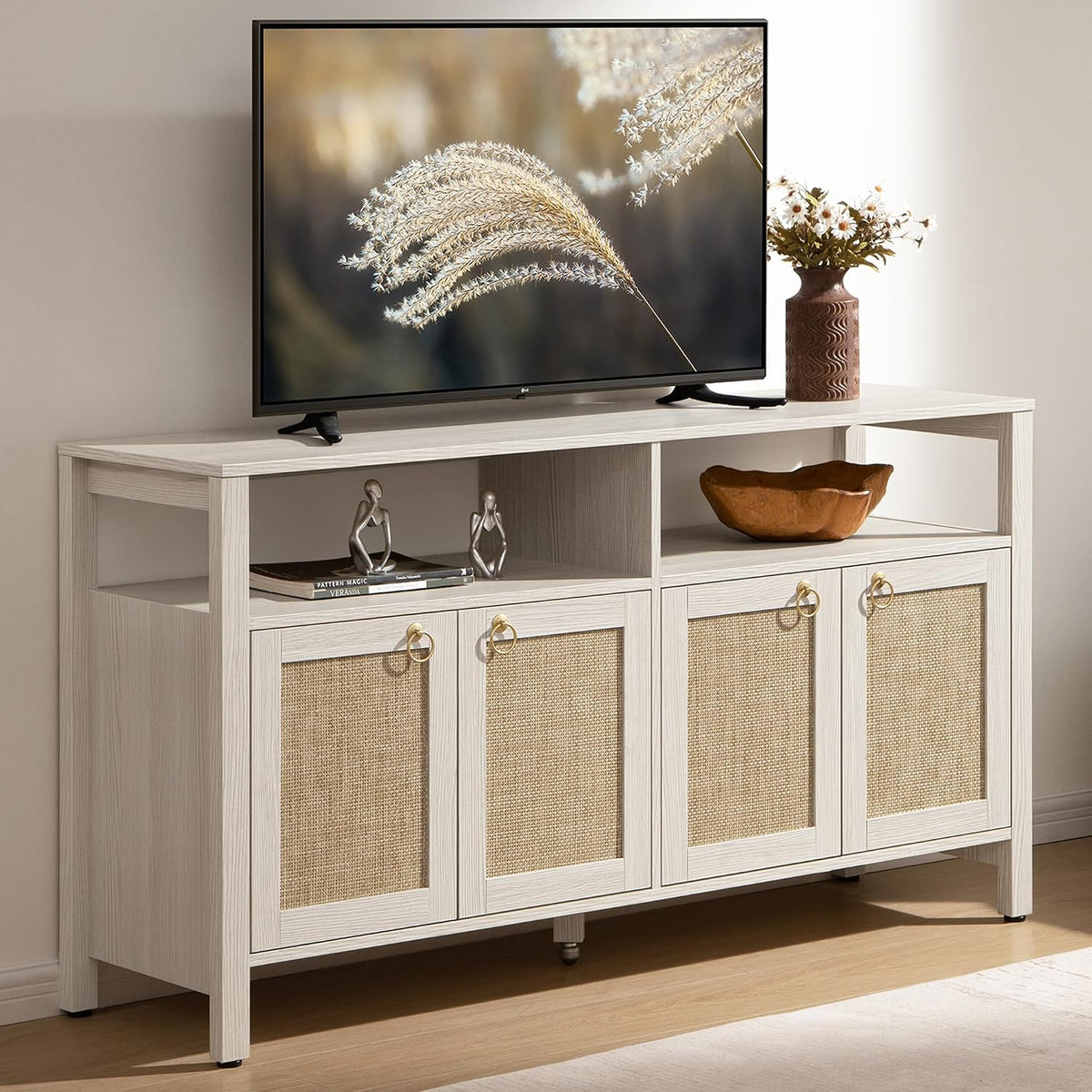 SICOTAS White Rattan TV Stand Entertainment Center Cabinet with 4 Doors
