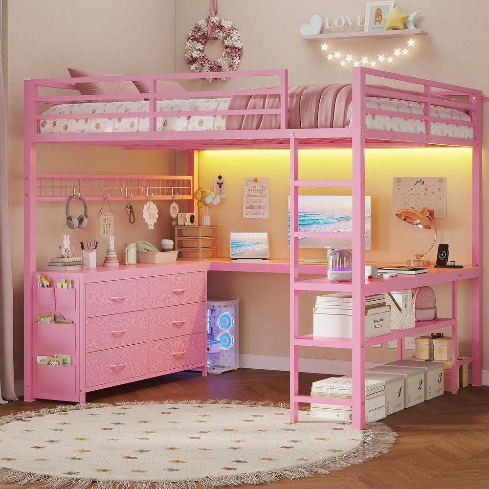 ADORNEVE Loft Bed Full Size with U-Shaped Desk, 6 Storage Drawers, Pink