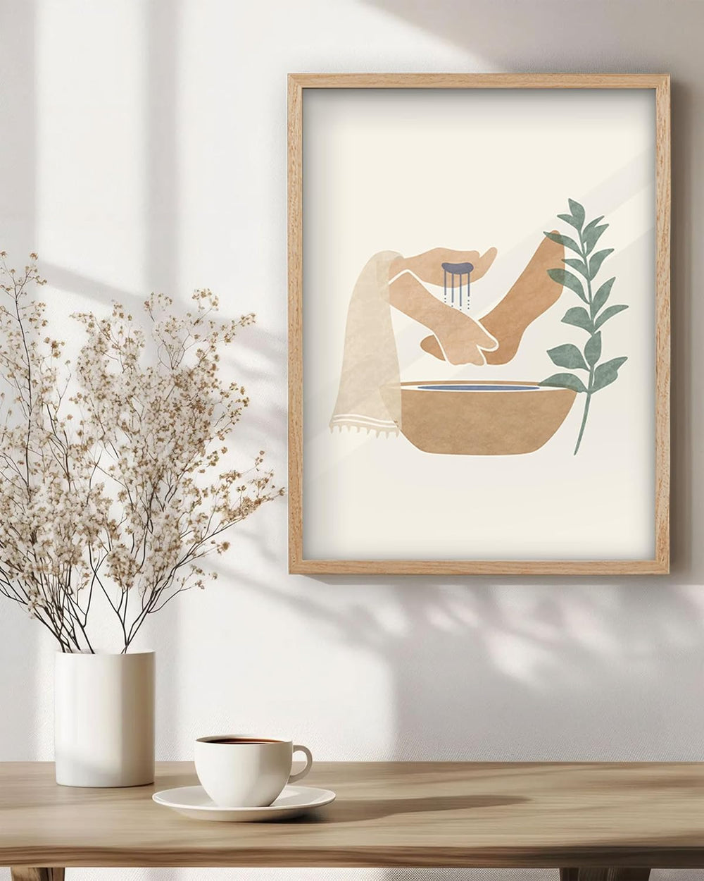 KensTro 12x16 Oak Framed Jesus Washing Feet Boho Christian Wall Art