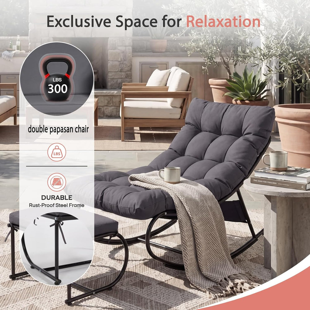 Double Papasan Rocking Chair Set with Ottoman, 2 Pack, Grey