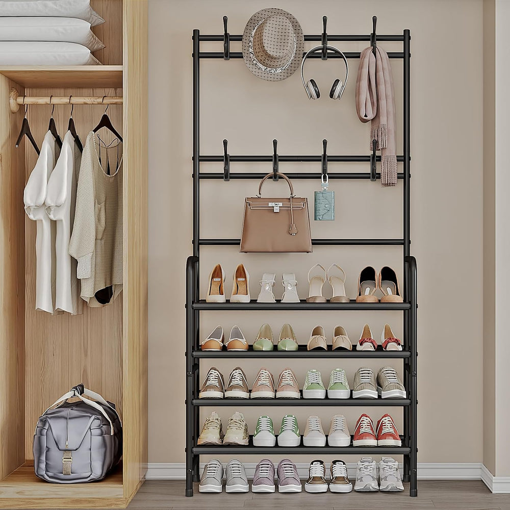 Coat Rack Shoe Rack With Storage Hooks Standing Organizer 4 Tier