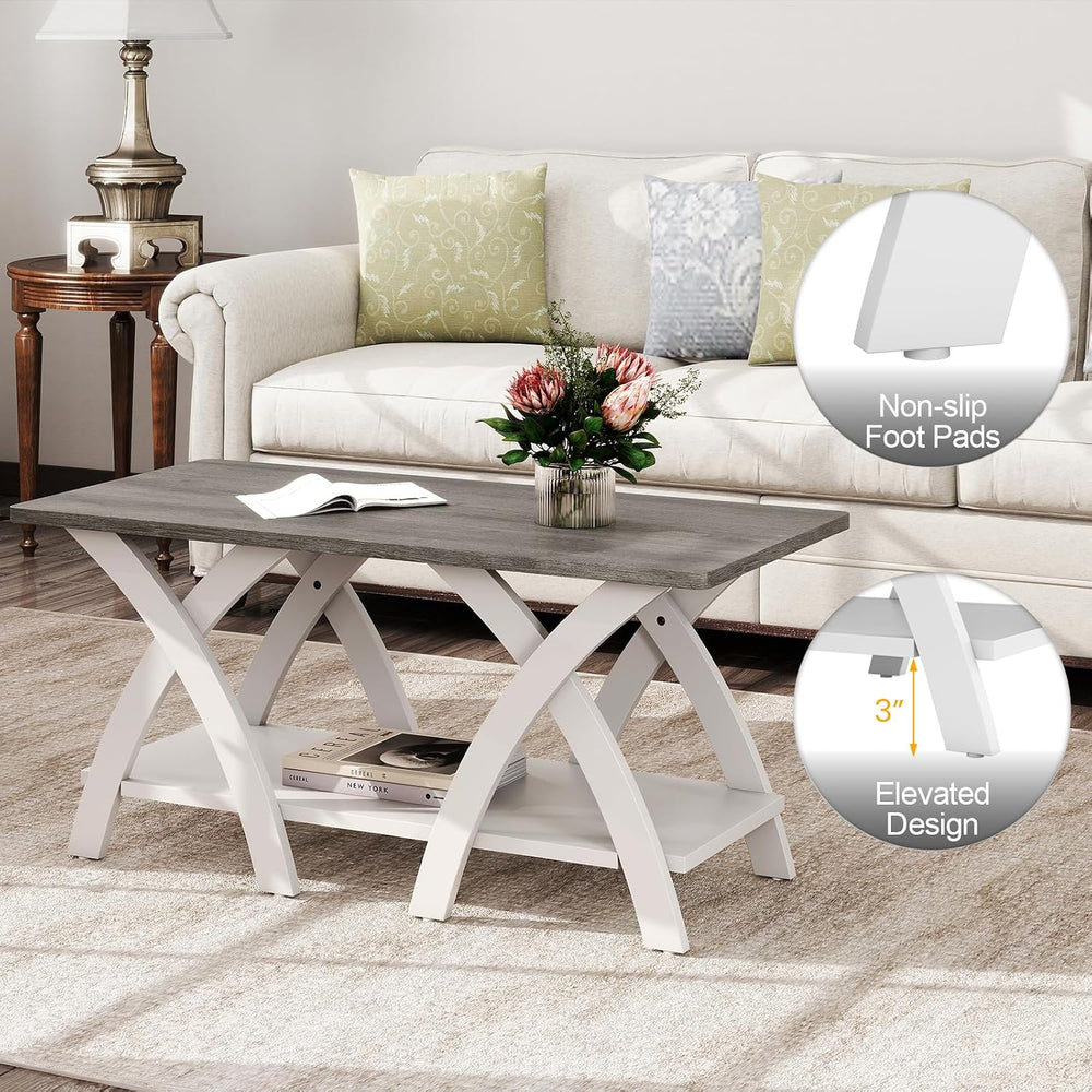 GIANTEX Farmhouse Coffee Table, 2-Tier Wood Center Table with Storage Shelf &...