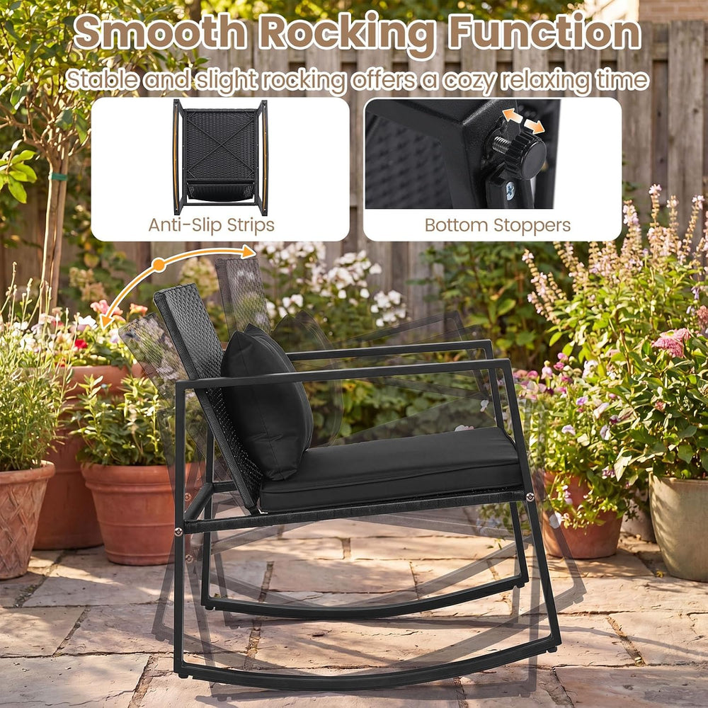 Tangkula 3-Piece Outdoor Rocking Chair Set, Black Cushion