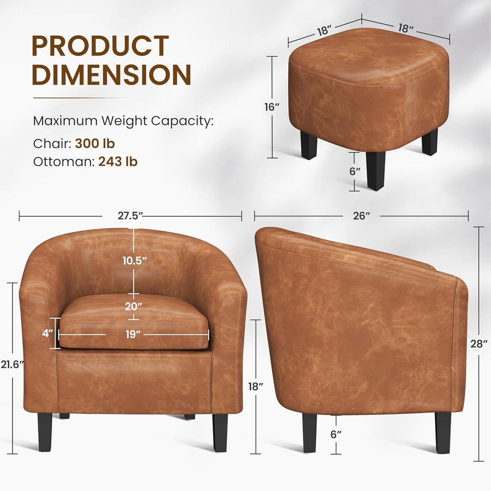 Yaheetech Accent Chairs with Ottoman, Faux Leather Barrel Chairs, Brown