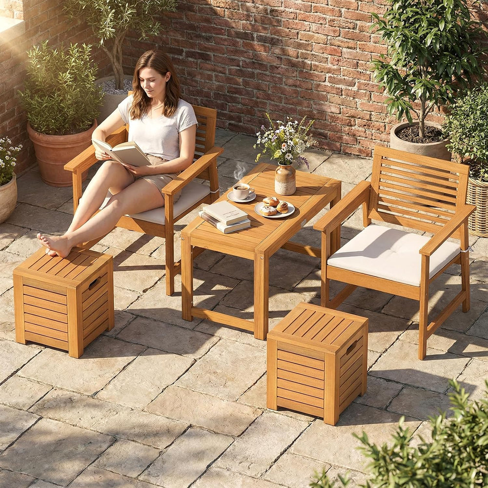 Tangkula Acacia Wood Outdoor Coffee Table with Stools Set of 2, 3 Pieces Pati...