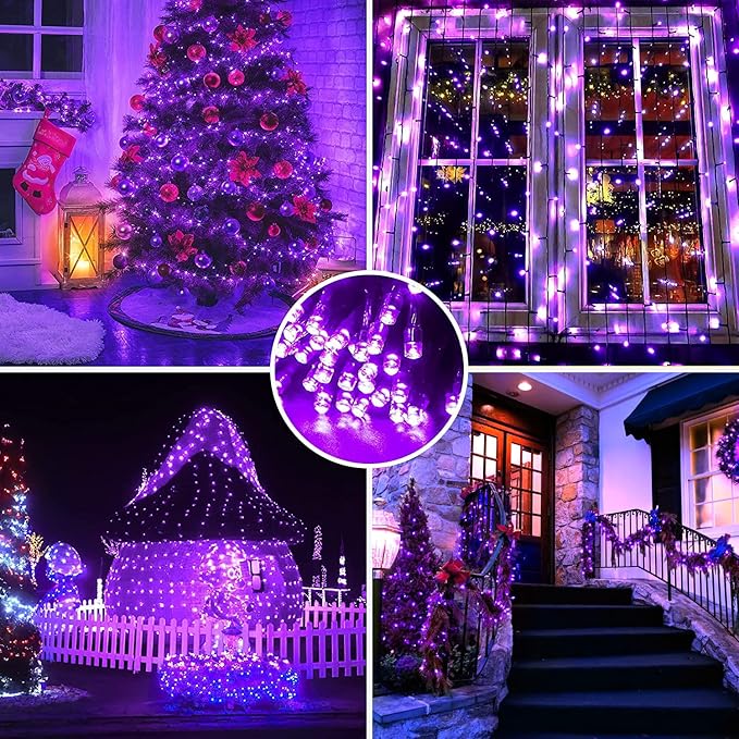 YEGUO 165ft 500 LED Halloween Lights Outdoor Waterproof, 8 Modes Purple String Lights Plug in, Green Wire Christmas Lights Indoor with Timer Memory