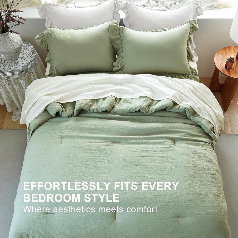 Sage Green Ruffle Comforter Set King Shabby Chic Bedding Set