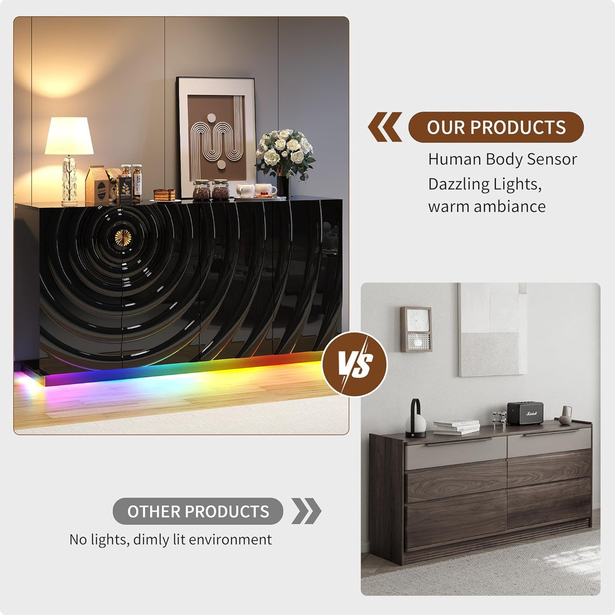 LVSOMT 63" RGB High-Gloss Sideboard Buffet Cabinet with Large Storage