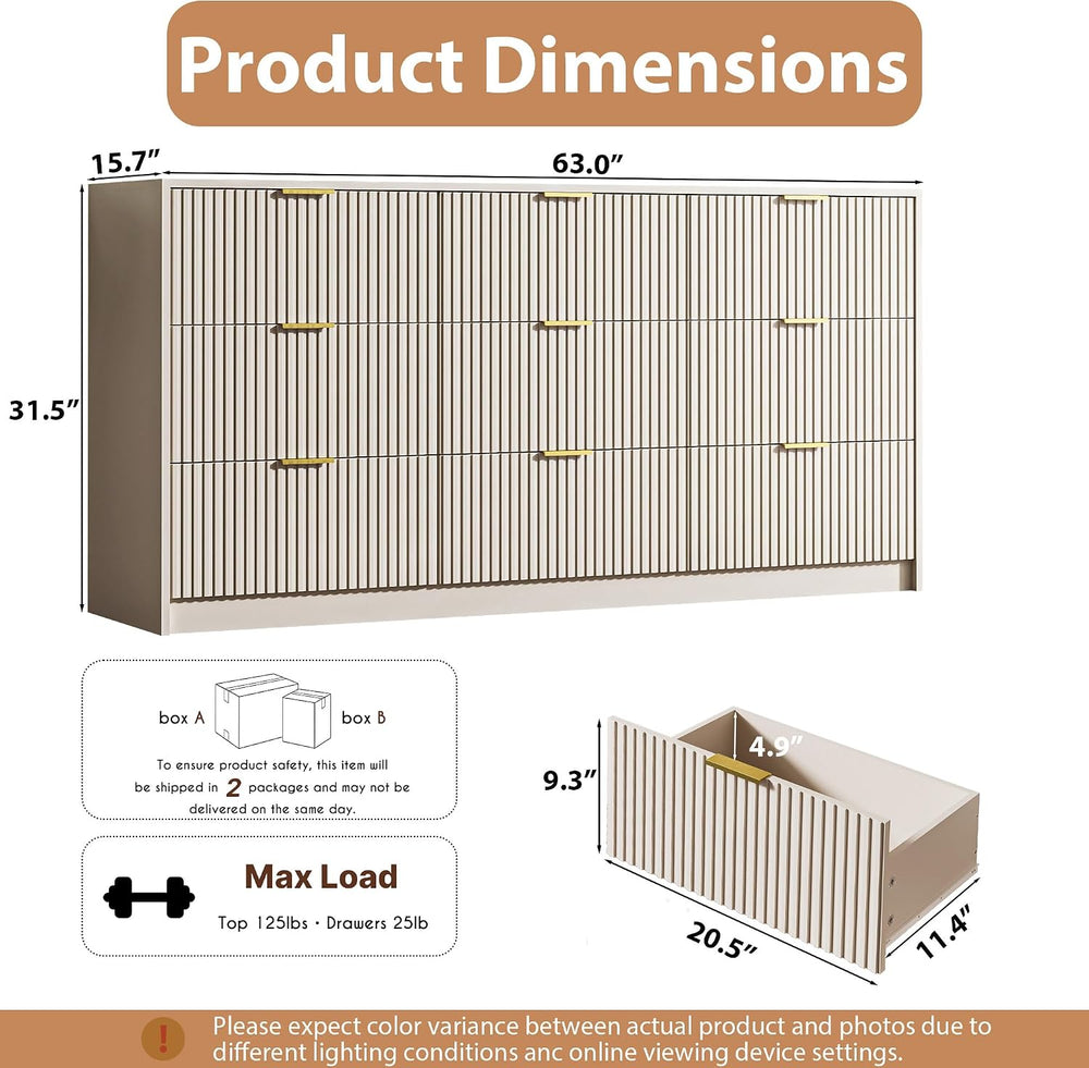 Beige 3-Piece Bedroom Set, 9-Drawer Dresser & 2-Drawer Nightstands