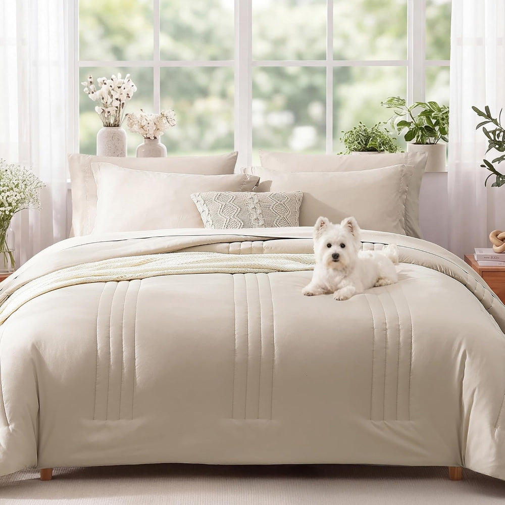 Queen Comforter Set-7 Pieces Beige Soft Bed in a Bag Queen Bedding Sets