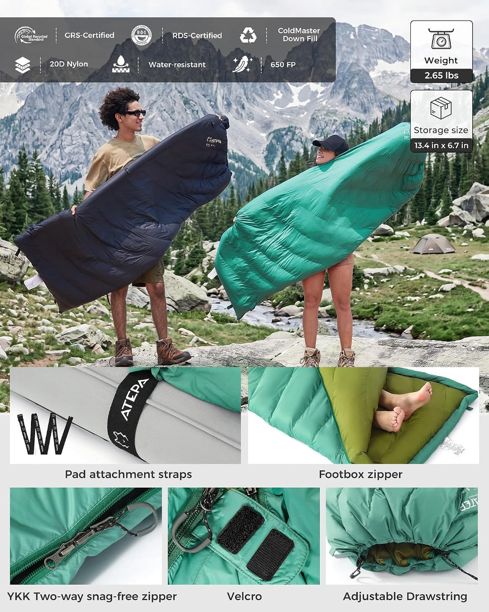 ATEPA Down Sleeping Bag for Adults, Hybrid, 3 Season, Lightweight