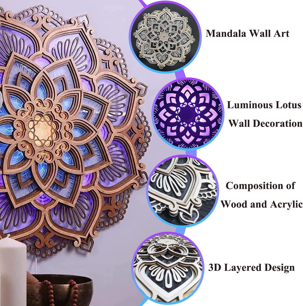 Wooden Mandala Wall Art, Lotus Flower Wall Decor with Led Light