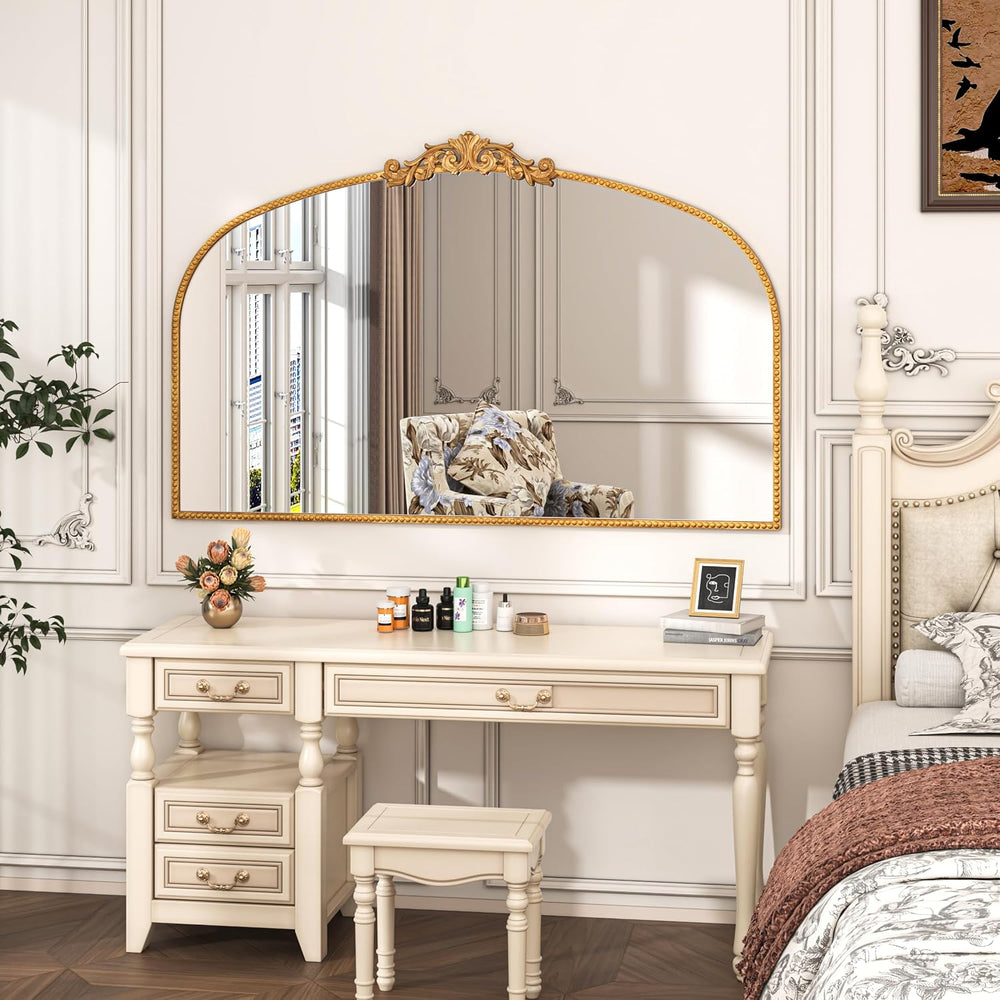 Vintage Gold Baroque Arched Metal Wall Mirror 48"x30"
