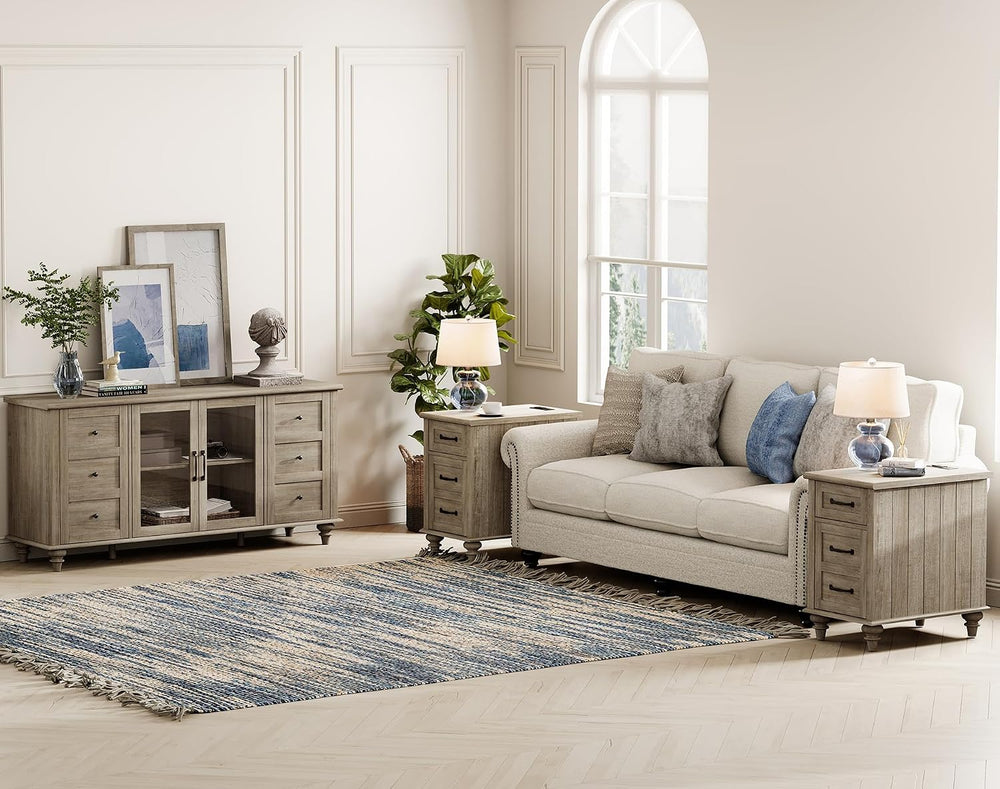 WAMPAT Farmhouse Sideboard Buffet Cabinet with Glass Door & Adjustable Sh...
