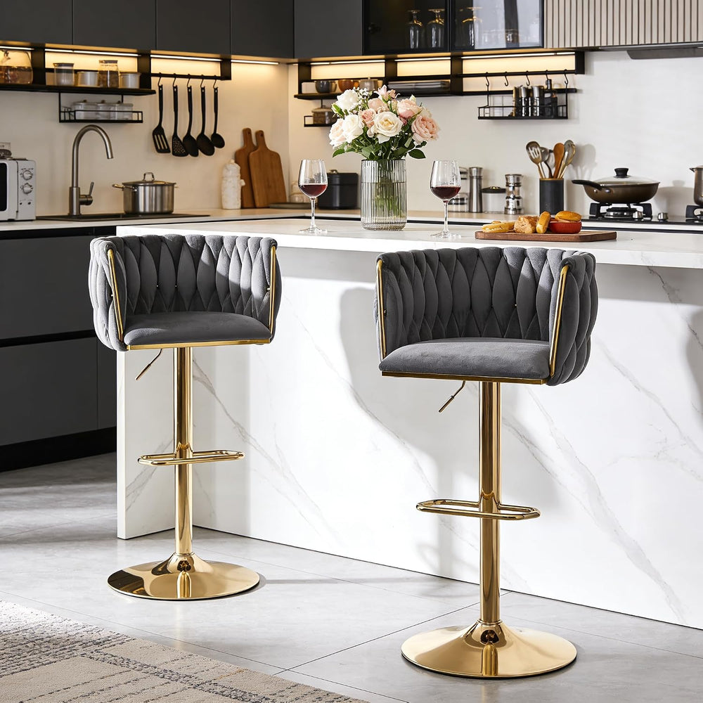Velvet Swivel Bar Stools Set of 2, Counter Height Bar Stool with Woven Back, ...