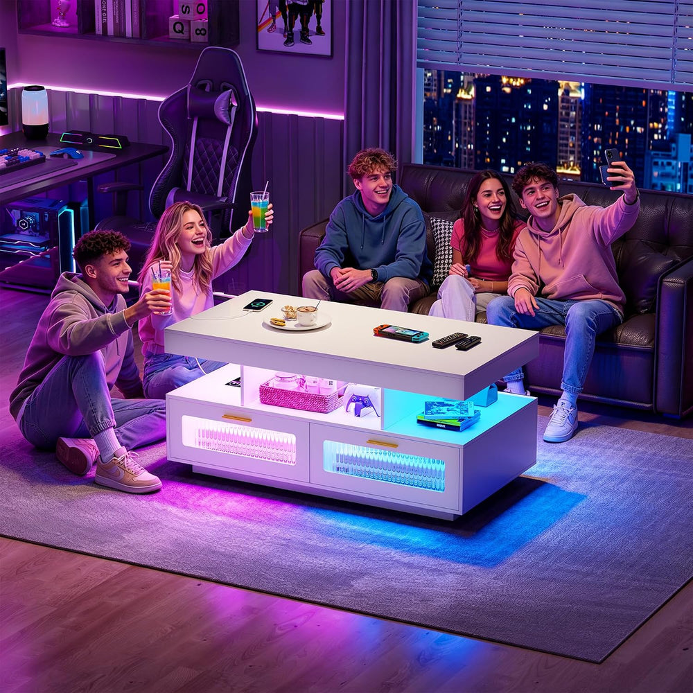 HNEBC LED Coffee Table with Wireless Charging Station for Living Room,White