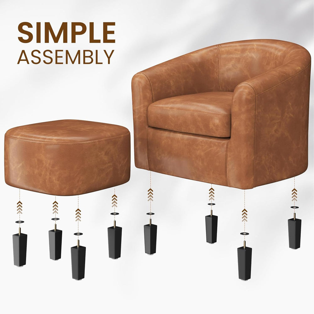 Yaheetech Accent Chairs with Ottoman, Faux Leather Barrel Chairs, Brown