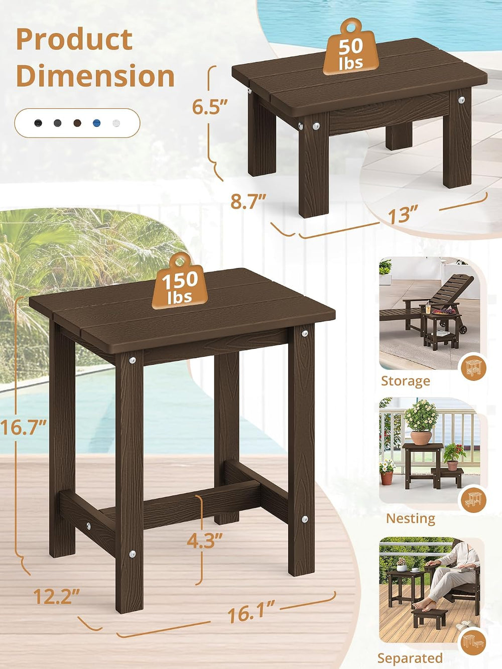 LUE BONA Small Outdoor Side Table with Removable Footstool for Patio, Brown
