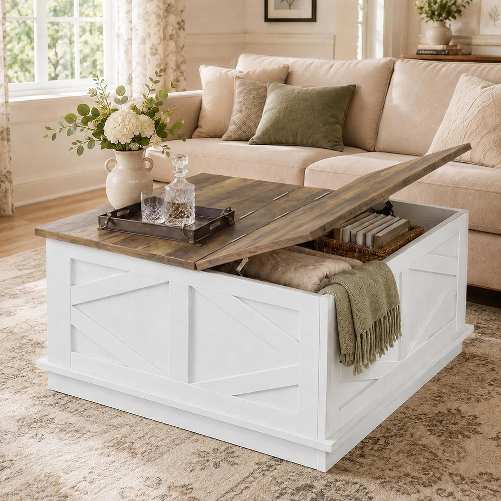 YESHOMY 31.5 Inch Square Farmhouse Coffee Table with Storage, White