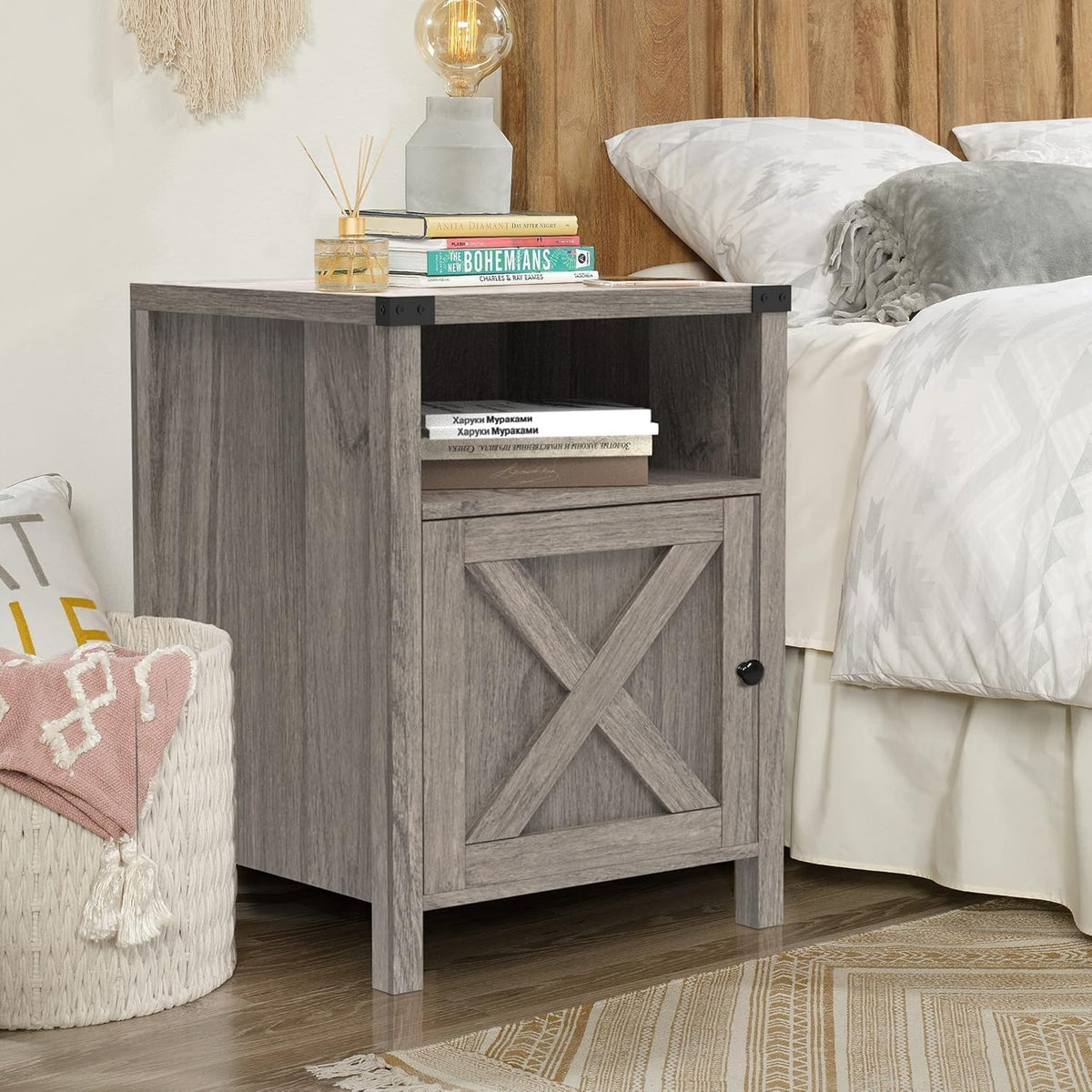 Farmhouse End Table, Nightstand with Barn Door and Shelf,Grey Wash | End Tables,Wooden Sofa Side Table, Modern Bed Side Table Rustic Nightstands, Bedroom, Living Room