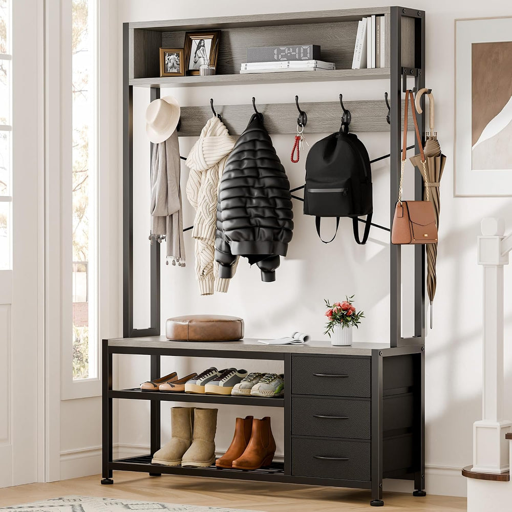 Hall Tree with Bench and Hooks, 39.4" Shoe and Coat Rack Entryway Organizer