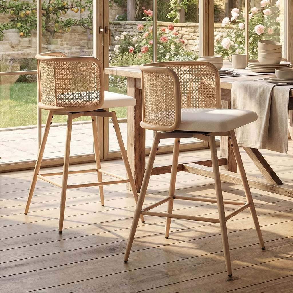26" Rattan Bar Stools Set of 2, Swivel Counter Height Barstools, White