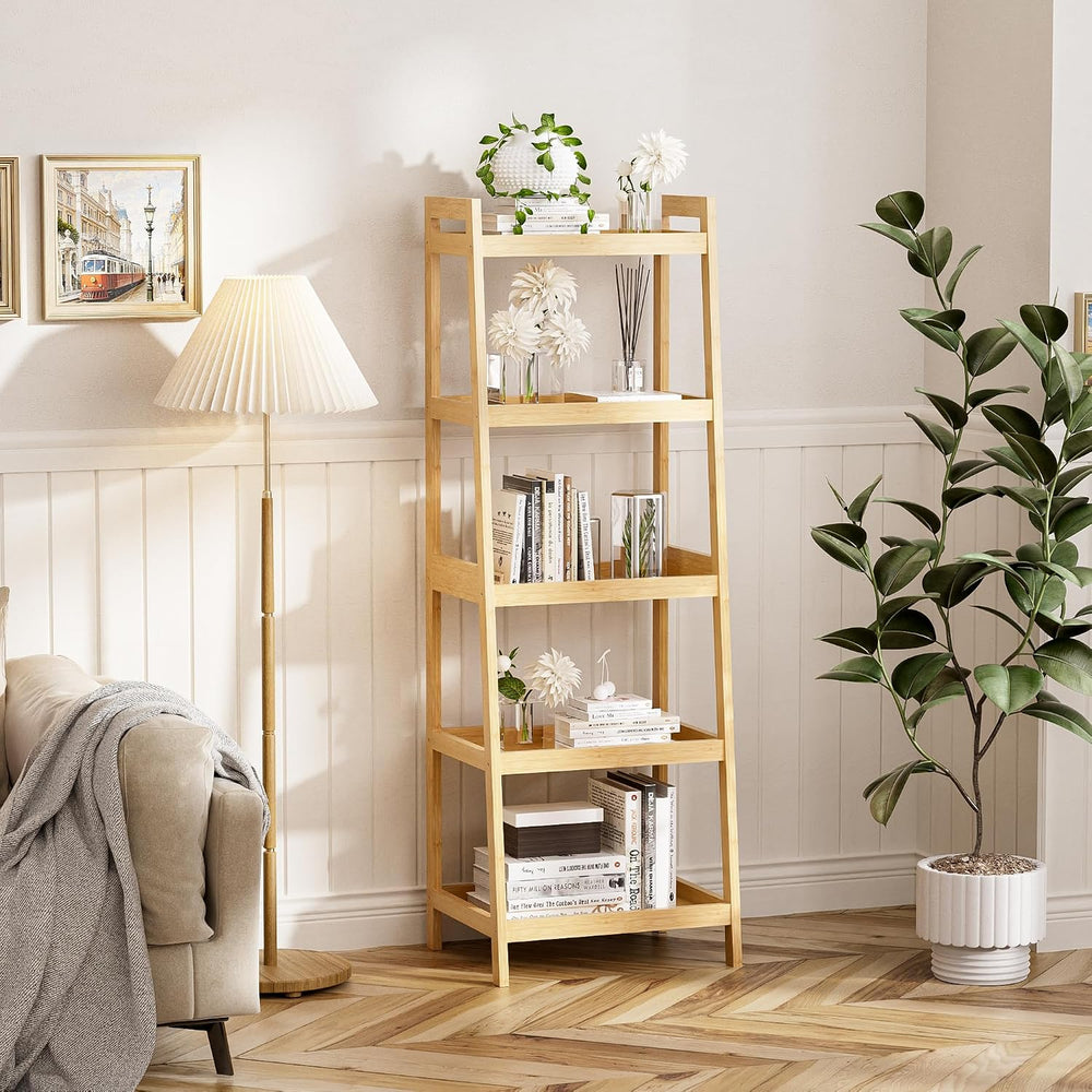 Bookshelf, 5 Tier Ladder Bookcase with Bamboo Frame, Freestanding Tall Narrow...