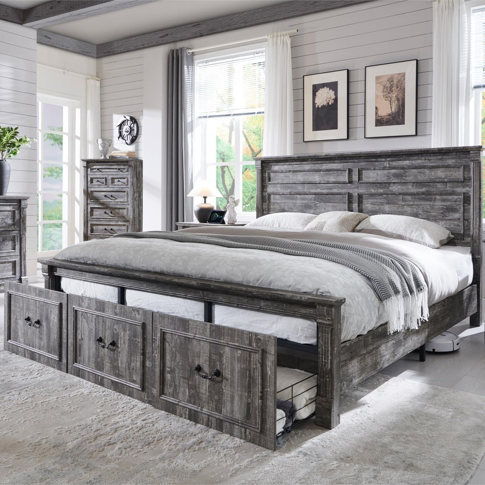 Aitjunz Farmhouse King Size Bed Frame w/51 Tall Headboard, Light Grey