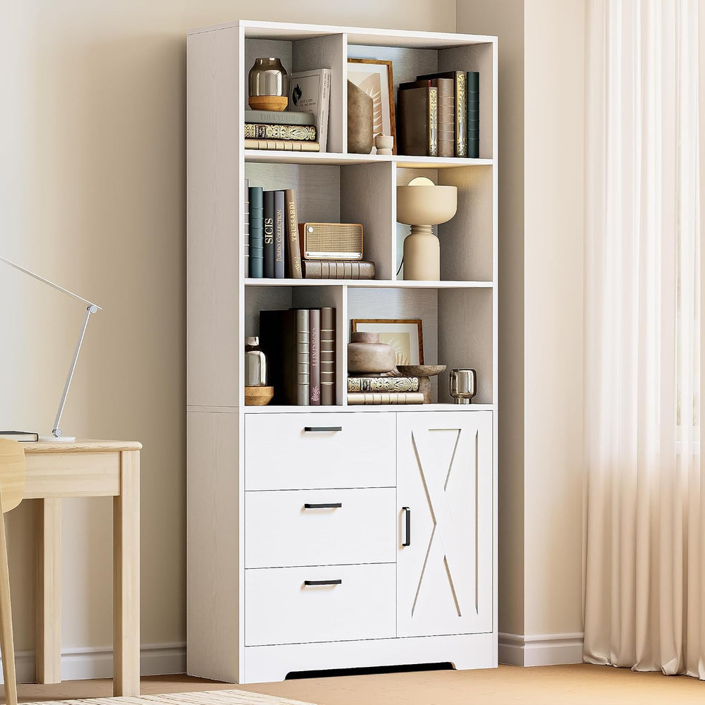 IRONCK 70.9-Inch Bookcase with Doors and 3 Drawers, White