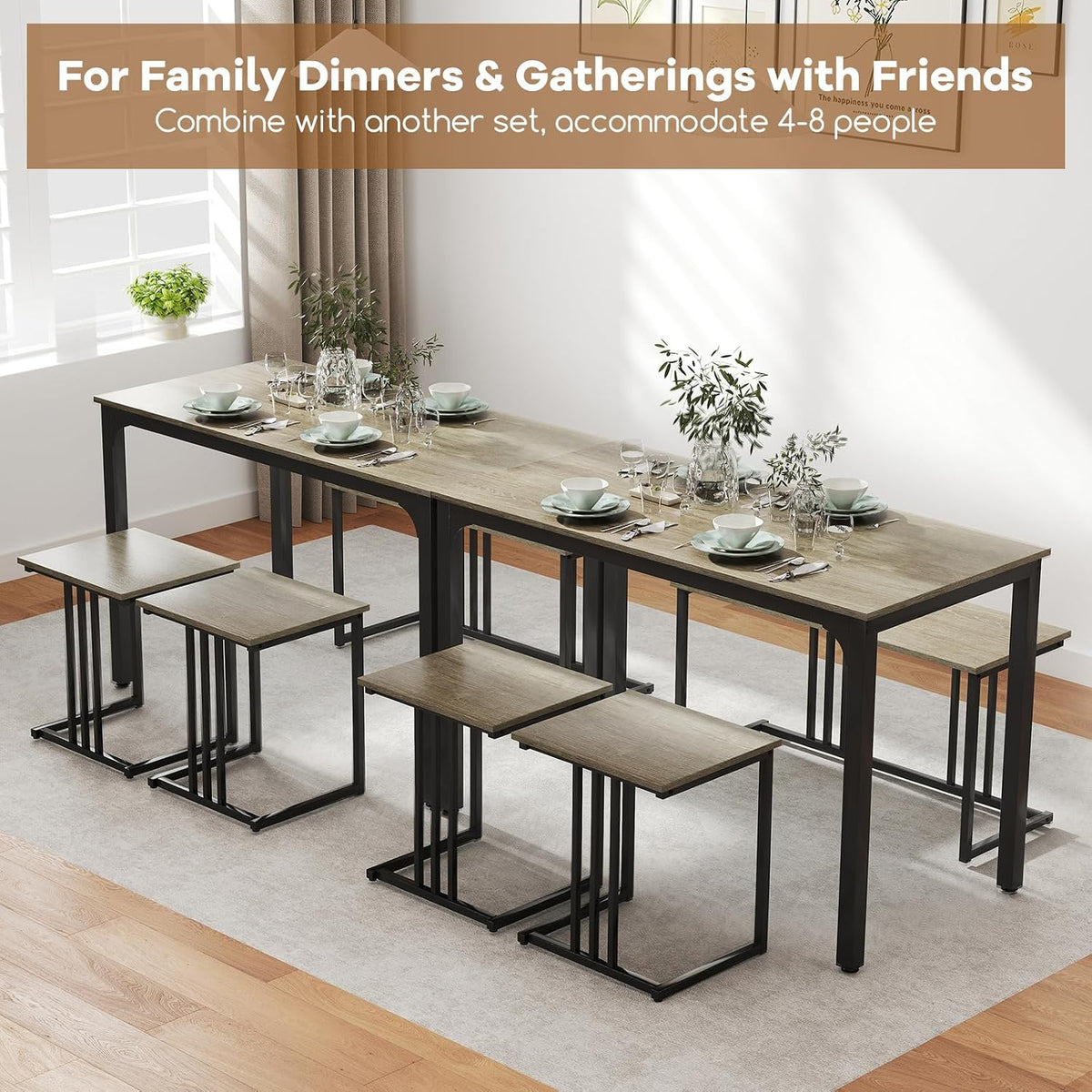 GOFLAME 4-Piece Dining Table Set for 4, Rectangular Wood Dining Table with Bench & 2 Stools, Industrial Kitchen Table Set, Space-Saving Dinette Set for Living Room, Dining Room, Pub, Grey Oak