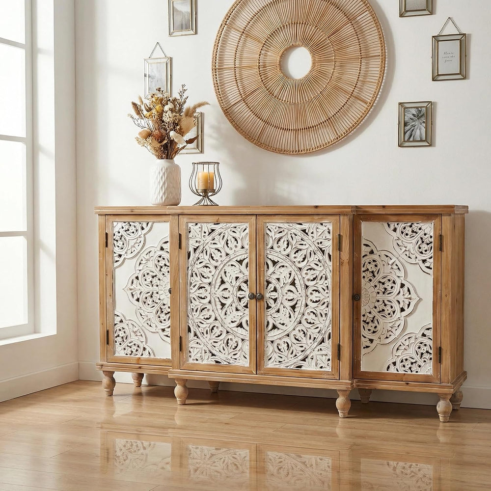 LKTART 63" Solid Wood Sideboard Buffet Cabinet with Storage,Carved Credenza