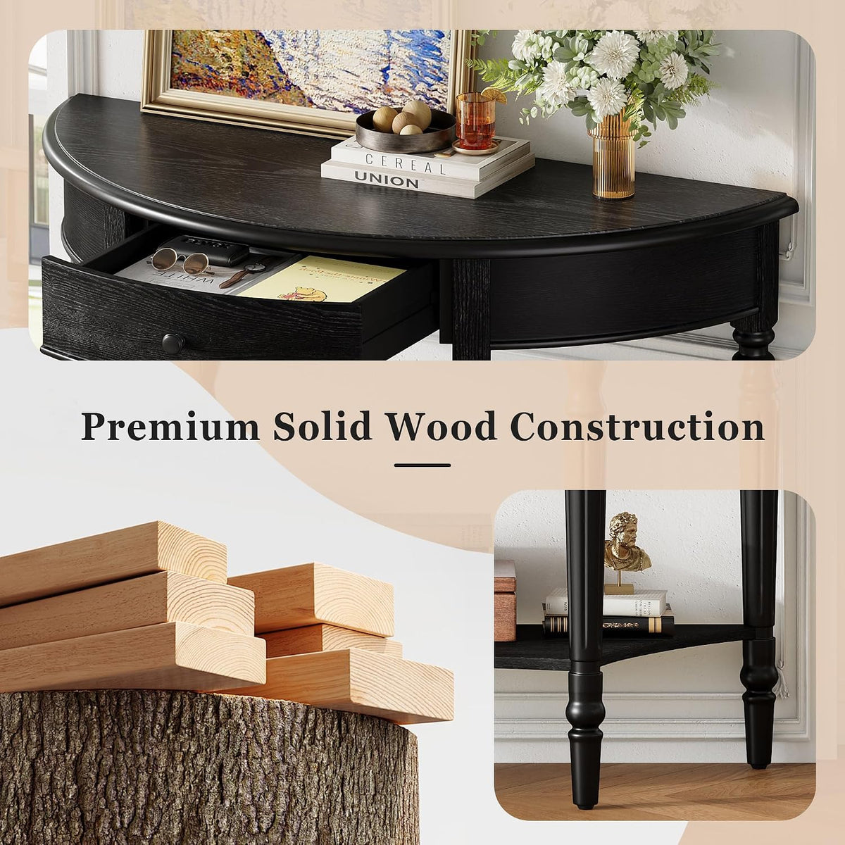LUMISOL Half Moon Entryway Table with Drawer & Shelf, Black | Rustic Console Table for Entryway, Sofa Table Behind Couch, Farmhouse Accent Table