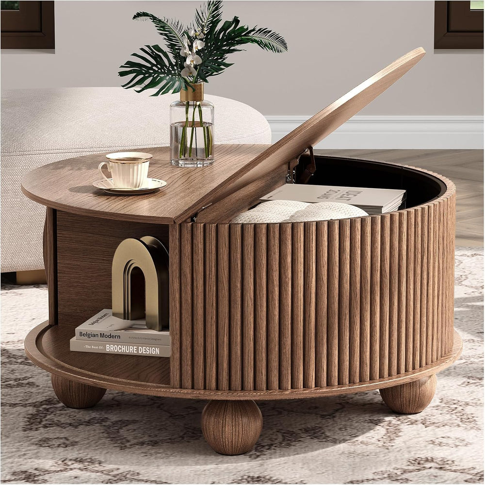 JOINICE 31.5" Round Coffee Table with Storage,Unique Bun Feet,Walnut Finish
