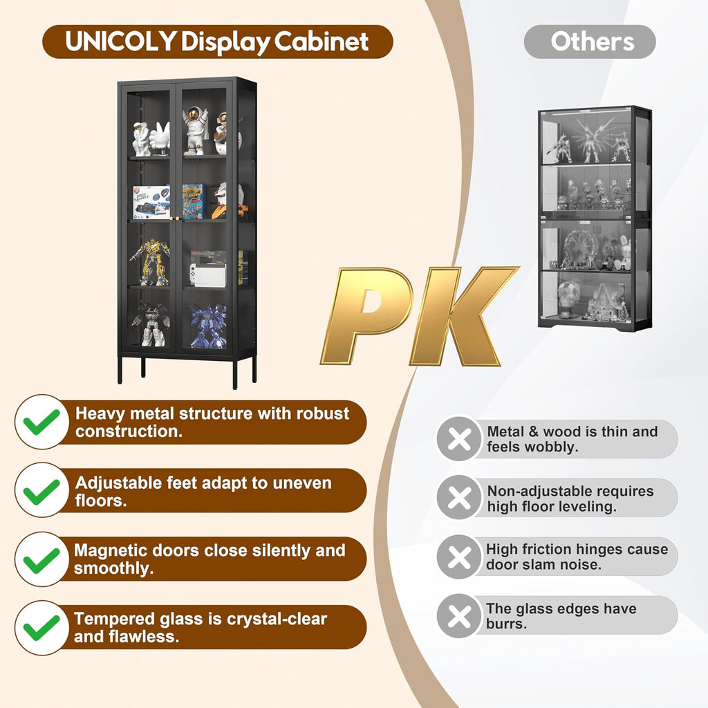 UNICOLY Glass Display Cabinet 4-Tier, Display Cabinet with Glass Doors