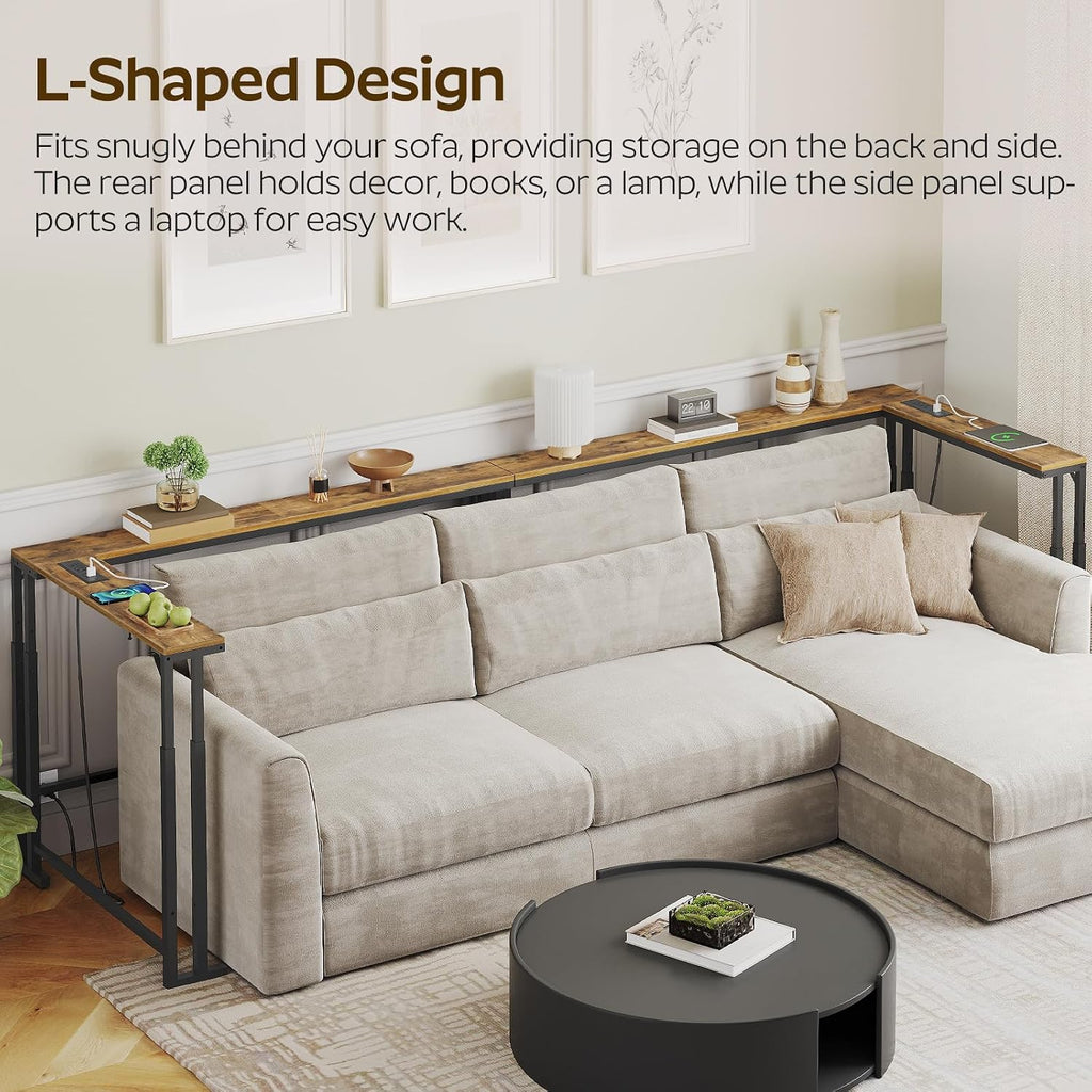 YATINEY 78.7" Narrow Console Table with Adjustable Height (27.6"-35.4"), L Shaped Sofa Table Narrow Long, Skinny Behind Couch Table with USB-C Ports, 5.9" Wide Sofa Side Table, Rustic Brown CT29UBR