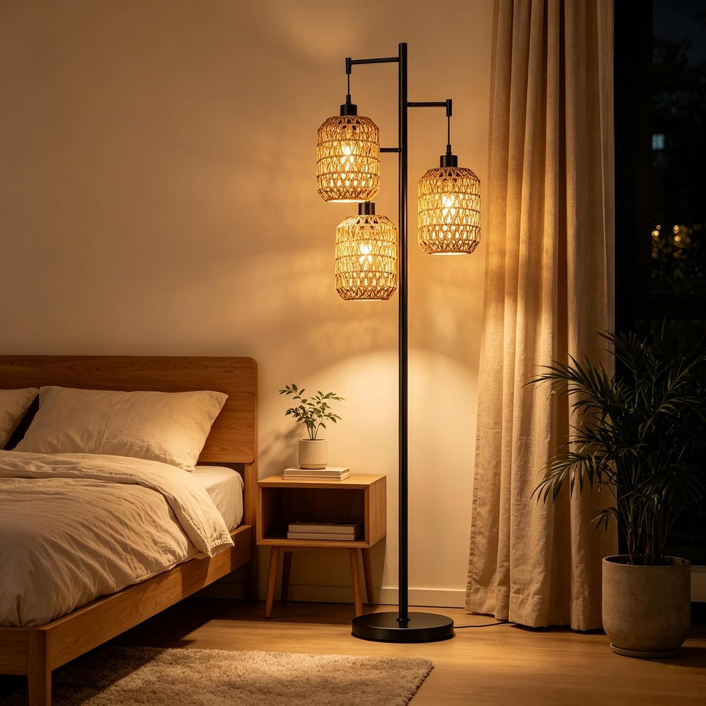 QIYIZM Floor Lamp for Living Room,Bedroom,3-Lights Boho Rattan Tree Floor Lig...