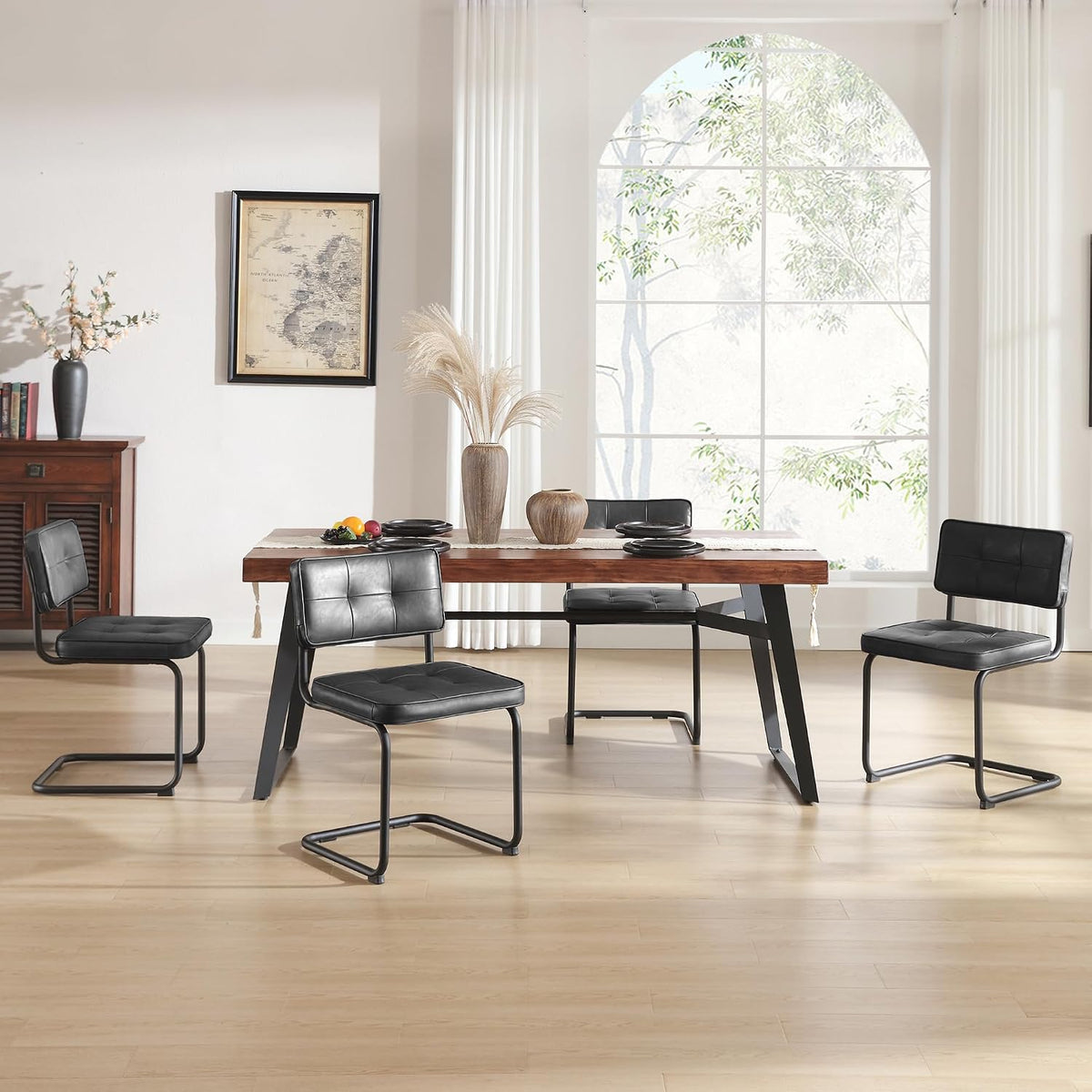 Zesthouse Industrial Metal Dining Chairs Set of 4, Upholstered Faux Leather Kitchen Chairs with Black Metal Base, for Kitchen & Dining Room Living Room, Mid Century Breuer Design Inspired, Black